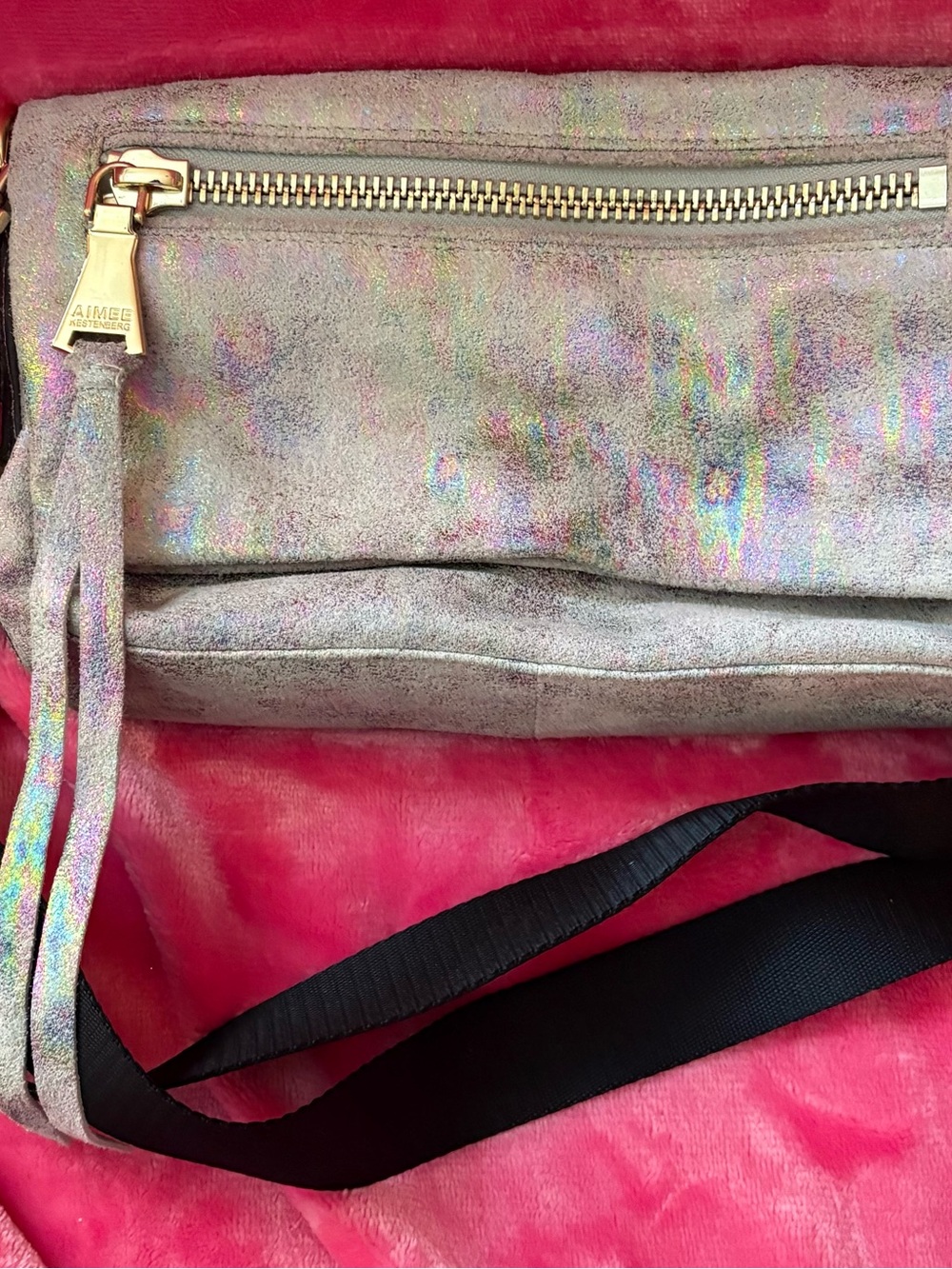 Aimee Kestenberg Iridescent Silver Crossbody with Leopard-Print Lining - Picture 7 of 9